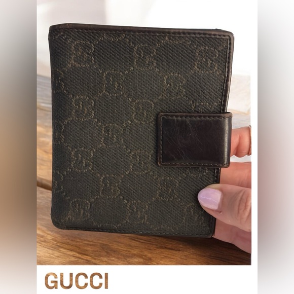 GUCCI Dark Brown Lambskin and Canvas GG Guccismo Bifold Wallet - Picture 1 of 6